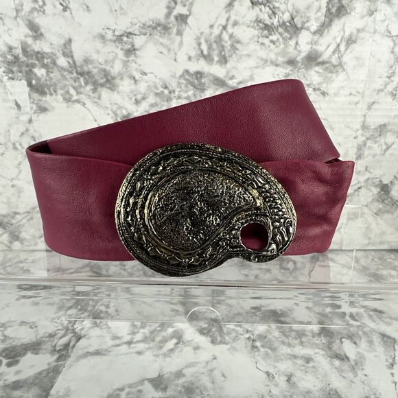 Vintage Women Adjustable Wide Leather Belt With Brass Paisley Clip Buckle Size M - Picture 1 of 8